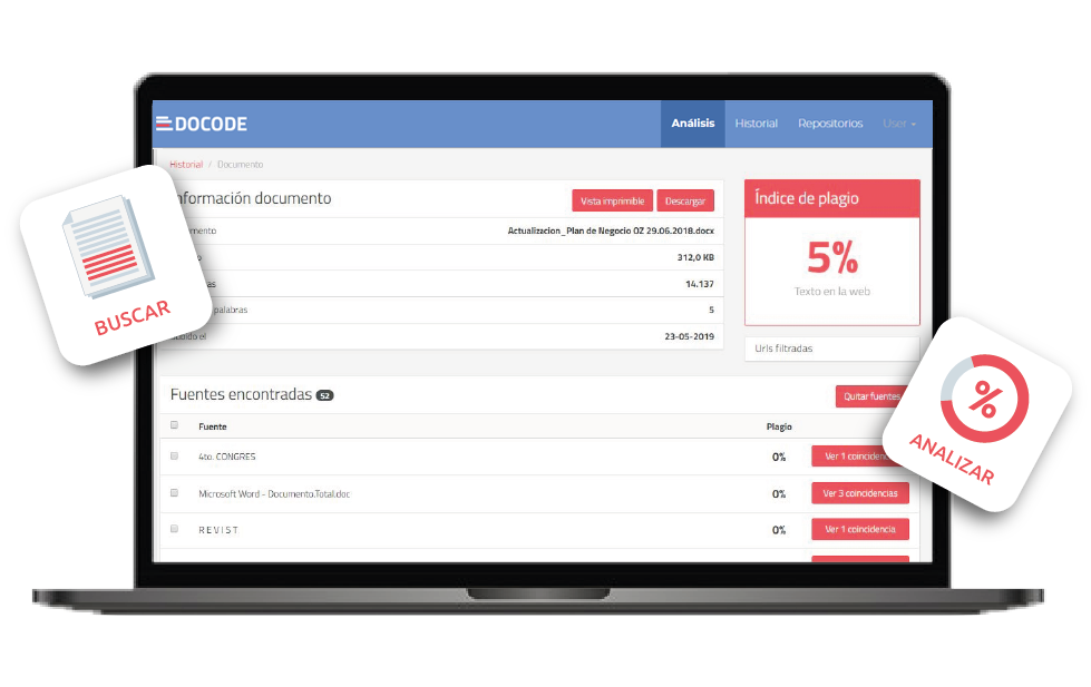 DOCODE software detector de plagio - Interfaz principal para análisis de originalidad de documentos